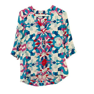 Annie Griffin Silk Blouse Womens Multicolor XS V Neck Hi Low Tunic 3/4 Sleeve